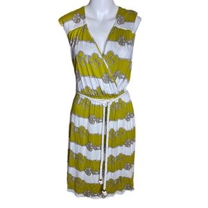 Milly Dress Chartreuse & White Print Sleeveless Faux Wrap Size M